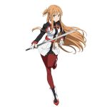  1girl asuna_(sao) brown_eyes brown_hair floating_hair gloves holding holding_sword holding_weapon long_hair looking_at_viewer official_art one_leg_raised pants red_pants simple_background solo sword sword_art_online sword_art_online_the_movie:_ordinal_scale very_long_hair weapon white_background white_gloves 