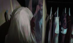  1girl absurdres blonde_hair closet creature dress gomidasu_(kamitsubaki_studio) grey_eyes highres isekaijoucho kamitsubaki_studio kitsune_yo long_hair mirror multicolored_hair red_hair reflection two-tone_hair unworn_clothes 