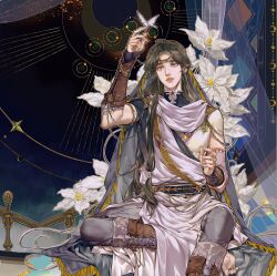  1boy adapted_costume arabian_clothes barefoot belt black_belt black_boots black_hair black_shirt blue_veil boots bracelet brown_eyes brown_hair bug butterfly butterfly_on_hand circlet crescent detached_sleeves flower gloves grey_pants halo hand_up headband highres jewelry lily_(flower) long_hair looking_at_viewer looking_up low-tied_sidelocks male_focus official_art pants parted_lips robe scarf shirt sidelocks sitting solo starember tassel third-party_source tianguan_cifu turtleneck veil very_long_hair white_butterfly white_flower white_robe white_scarf xie_lian 