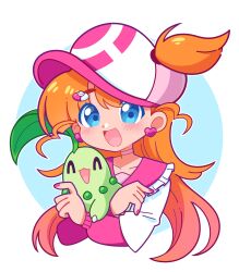  1girl absurdres blue_eyes blush chikorita earrings hat heart heart_earrings highres indie_virtual_youtuber jewelry looking_at_viewer marikyuunn marikyuunn_(vtuber) nail_polish one_side_up open_mouth orange_hair pink_hat pink_nails pink_sailor_collar poke_ball_hair_ornament pokemon sailor_collar shirt solo virtual_youtuber white_background white_shirt 