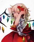  1girl arms_up ascot blonde_hair cowboy_shot crystal fangs flandre_scarlet flower frills from_side hair_flower hair_ornament hair_tie hairdressing hands_in_hair hat hat_removed headwear_removed highres looking_at_viewer mouth_hold puffy_short_sleeves puffy_sleeves red_eyes shirt short_sleeves side_ponytail sketch skirt skirt_set solo touhou tyatya_(tyatya333) tying_hair wing_collar wings 