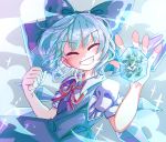  1girl asuku_(69-1-31) blue_background blue_bow blue_dress blue_hair bow cirno clenched_hand closed_eyes collared_shirt dress eyebrows_visible_through_hair facing_viewer fairy_wings frog frozen_frog grin hair_bow highres ice ice_wings neck_ribbon puffy_short_sleeves puffy_sleeves red_ribbon ribbon shirt short_hair short_sleeves simple_background smile solo sparkle steam teeth touhou upper_body white_shirt wings x_x 