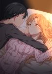  1boy 1girl arm_support artist_request asuna_(sao) bed black_hair black_shirt bra_strap braid hand_on_another&#039;s_face kirito_(sao-ggo) long_hair looking_at_another lying off_shoulder pink_sweater ribbed_sweater shirt short_hair smile sweater sword_art_online wrist_grab 