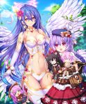  2girls :d :o angel_wings bare_shoulders beluga_dolphin blank_eyes blue_hair blush braid breasts chandelier choujigen_game_neptune cleavage cleavage_cutout cowboy_shot doll dual_persona elbow_gloves flower four_goddesses_online:_cyber_dimension_neptune gloves hair_between_eyes hair_flower hair_ornament halo high_resolution highres hug iris_heart jewelry kami_jigen_game_neptune_v large_breasts leotard long_hair looking_at_viewer multiple_girls navel nepgear neptune_(choujigen_game_neptune) neptune_(series) noire open_mouth petals pink_hair portrait power_symbol purple_hair pururut red_eyes revealing_clothes siblings sisters smile symbol-shaped_pupils tied_hair very_long_hair wings 