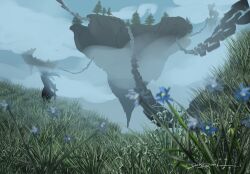  1boy black_hair black_robe black_tunic blue_flower chain commentary daikidevil english_commentary floating_island flower fog full_body highres holding holding_sword holding_weapon in-universe_location long_hair meadow robe scenery shadow_slave solo sunny_(shadow_slave) sword tree tunic walking weapon wide_shot 