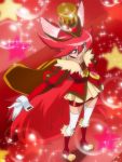  1girl animal_ears cure_chocolat dog_ears dog_tail earrings extra_ears from_above haruyama_kazunori hat jewelry kenjou_akira kirakira_precure_a_la_mode magical_girl outstretched_arm precure red_background red_eyes redhead short_hair skirt solo standing star tail thigh-highs white_legwear 