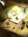  1girl ahoge ascot blonde_hair book bookmark bookshelf bow closed_eyes commentary_request drooling eraser frills hair_bow hand_in_hair highres inkwell kazu_(rakugakino-to) kirisame_marisa lamp long_hair open_mouth pen pencil pentagram ruler short_sleeves sitting sleeping solo table touhou white_bow 