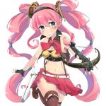  1girl absurdres bare_shoulders blue_eyes blush bow_(weapon) breasts character_request cleavage crossbow fingerless_gloves gloves grin highres jiiwara long_hair looking_at_viewer midriff navel open_mouth pink_hair red_skirt skirt smile solo thigh-highs twintails very_long_hair weapon 