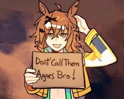  1girl :d ahoge animal_ears arm_behind_head brown_background brown_hair cropped_jacket don't_call_them_bitches_bro!_(meme) dot_nose english_text eyes_visible_through_hair fang hair_between_eyes holding holding_sign horse_ears horse_girl jacket jungle_pocket_(champion's_battle_cry)_(umamusume) jungle_pocket_(umamusume) long_sleeves medium_hair meme midriff open_clothes open_jacket sign smile solo tareme umamusume vento yellow_eyes yellow_jacket 