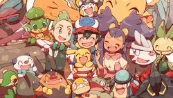  >_< 1girl 2boys ash_ketchum axew baseball_cap big_hair black_gloves black_hair black_vest blush boldore bow bowtie brown_eyes charizard cilan_(pokemon) claws closed_eyes commentary_request crustle dark-skinned_female dark_skin dragonite emolga excadrill eyelashes fangs glint gloves green_bow green_bowtie green_eyes green_hair hand_on_another's_shoulder hat highres holding holding_pokemon iris_(pokemon) krookodile leavanny long_hair long_sleeves multiple_boys no_sclera nostrils open_mouth oshawott palpitoad pansage pignite pikachu pokemon pokemon_(anime) pokemon_(creature) pokemon_bw_(anime) pokemon_on_arm purple_hair red-framed_eyewear scraggy sharp_teeth shirt short_hair short_sleeves smile snivy sunglasses teeth thick_eyebrows thumbs_up traditional_bowtie unfezant unfezant_(female) vest white_shirt yukikokoro 