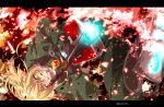  1girl aiming bangs blonde_hair boots firing grin gun holding holding_weapon iron_cross letterboxed machinery military military_uniform pino_(nxnsarc) rifle short_hair smile solo tanya_degurechaff teeth uniform weapon yellow_eyes youjo_senki 