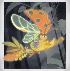  border broom broom_riding bug commentary creature english_commentary floral_print furry glowing grey_robe highres ladybug lamp larva leaf no_humans original robe sorochii tree white_border witch 