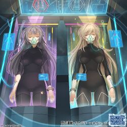  2girls black_pantyhose blonde_hair breasts closed_eyes duel_monster grey_hair highres hucydin intravenous_drip long_hair lying multiple_girls official_style oxygen_mask pantyhose sky_striker_ace_-_raye sky_striker_ace_-_roze stasis_tank tagme yu-gi-oh! 