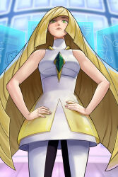  1girl black_pants blonde_hair brooch closed_mouth commentary dress english_commentary green_eyes hands_on_own_hips highres jewelry long_hair looking_at_viewer lusamine_(pokemon) pants pencilequipped pokemon pokemon_sm sleeveless sleeveless_dress solo standing two-tone_pants very_long_hair white_dress white_pants 