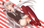  1girl absurdres amatsukaze_(kantai_collection) bent_knees black_panties brown_dress brown_eyes dress from_side full_body garter_straps gloves hair_tubes highres kantai_collection long_hair looking_at_viewer panties red_legwear sailor_collar sailor_dress short_dress silver_hair single_glove thigh-highs thighs two_side_up underwear white_gloves windsock 