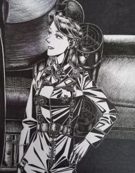  1girl aircraft airplane belt_around_waist bordfunker133 clothing_request friedrich_rumpelhardt genderswap genderswap_(mtf) greyscale grin highres jacket load_bearing_equipment long_hair looking_to_the_side looking_up luftwaffe military_uniform monochrome nazi nazi_party_pin real_life rumpelhardt-chan_(bordfunker133) smile soldier solo swastika world_war_ii zipper_pull_tab 