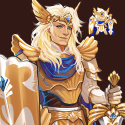 1boy :d armor blonde_hair blue_cape blue_eyes blue_gem brown_background cape commentary cookie_run cookie_run:_kingdom english_commentary from_below gauntlets gem gold_helmet gold_trim grin helmet holding holding_shield holding_sword holding_weapon humanization lips long_hair long_sleeves looking_at_viewer madeleine_cookie male_focus nijuuni official_art_inset realistic reference_inset ribbed_shirt shield shirt shoulder_armor simple_background smile solo sparkle sword three-quarter_sleeves twitter_username upper_body v-shaped_eyebrows weapon white_shirt winged_helmet