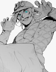  1boy absurdres argyle_clothes argyle_sweater blue_eyes bow claw_pose clawed_gauntlets diego_brando evil_grin evil_smile greyscale grin hair_between_eyes hat hat_bow helmet highres jodhpurs jojo_no_kimyou_na_bouken komiya_harumoto long_sleeves looking_at_viewer male_focus monochrome pants simple_background slit_pupils smile solo spot_color steel_ball_run sweater teeth turtleneck turtleneck_sweater white_background 