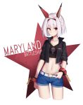  1girl absurdres alternate_costume arnold-s belt braid casual character_name hand_on_belt highres looking_at_viewer midriff red_eyes short_hair shorts white_hair wrist_cuffs zhan_jian_shao_nyu 