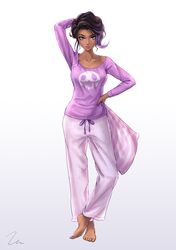  1girl collarbone crossed_ankles dark_skin full_body gradient gradient_background hand_behind_head hand_on_hip long_hair looking_at_viewer messy_hair mole mole_under_eye multicolored_hair nail_polish overwatch pajamas pants parted_lips pink_pants purple_hair purple_shirt shirt signature simple_background solo sombra_(overwatch) standing tsurime two-tone_hair umigraphics violet_eyes 