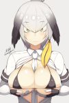  1girl artist_name between_breasts black_hair blush breast_hold breasts brown_eyes eyebrows_visible_through_hair gloves grey_background grey_hair kemono_friends large_breasts looking_at_viewer multicolored_hair necktie samegami shoebill_(kemono_friends) short_hair signature simple_background solo white_necktie 