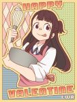  1girl :p apron bowl brown_hair food food_on_face highres kagari_atsuko little_witch_academia long_hair nakajima_asuka red_eyes solo tongue tongue_out valentine whipped_cream whisk 