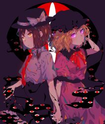  2girls absurdres black_collar black_hat black_skirt blonde_hair bow brown_hair chinese_commentary collar collared_dress collared_shirt commentary cowboy_shot disembodied_eye dress eye_print fedora gap_(touhou) guozimiao hair_bow hand_on_own_ear hat hat_bow highres holding_hands interlocked_fingers maribel_hearn mob_cap multiple_girls necktie orange_eyes pink_shirt puffy_sleeves purple_background purple_dress shirt shirt_tucked_in skirt touhou usami_renko violet_eyes white_bow 