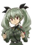  1girl anchovy bangs belt black_ribbon black_shirt brother_tomita closed_mouth dress_shirt drill_hair girls_und_panzer green_hair grey_jacket hair_ribbon holding long_hair long_sleeves looking_at_viewer military military_uniform red_eyes ribbon riding_crop school_uniform shirt shoulder_belt simple_background sketch smile solo standing twin_drills twintails uniform upper_body white_background 