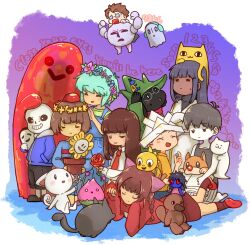  6+boys 6+girls annoying_dog bad_id basil_(headspace)_(omori) basil_(omori) big_yellow_cat_(omori) bo_en boy_(rakuen) cat_girl character_request chibi crossover deltarune doll_(ib) dr._eva_rosalene dr._neil_watts flower flowey_(undertale) frisk_(undertale) highres ib_(ib) ib_(kouri) lyrics madotsuki mewo monster_kid_(undertale) multiple_boys multiple_girls naekam napstablook omori pluto_(omori) purple_background rakuen ralsei rose sans_(undertale) to_the_moon uboa undertale utdr_(toby_fox) yume_nikki 