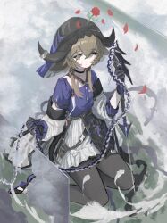  1girl absurdres animal_ears arknights black_gloves black_hood black_horns black_pantyhose black_shoes brown_hair chain_weapon chinese_commentary commentary_request cow_ears cow_girl cow_horns detached_hood dot_nose expressionless flower flower_on_head fog gloves highres holding holding_weapon horn_ornament horn_ring horns kneeling looking_at_viewer on_grass outdoors pallas_(arknights) pantyhose parted_lips petals pouch purple_shirt red_(aba02) red_flower red_rose rose rose_petals shirt shoes short_hair_with_long_locks skirt solo weapon white_skirt 