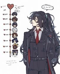  1other 4girls :d ? ?? absurdres analog_clock arms_behind_back black_coat black_hair black_pants black_suit blue_eyes blue_hair blush brown_hair chibi chibi_inset clock closed_eyes closed_mouth coat commentary crossed_out dante_(limbus_company) double_bun emoji english_commentary english_text faust_(project_moon) flaming_head gregor_(project_moon) grey_hair hair_between_eyes hair_bun hair_intakes heathcliff_(project_moon) highres irkaoy jia_xichun_(project_moon) kiss_meter_(meme) limbus_company lin_daiyu_(project_moon) long_hair looking_to_the_side male_focus meme multicolored_hair multiple_girls necktie object_head pants ponytail project_moon red_coat red_eyes red_necktie ryoshu_(project_moon) semi-rimless_eyewear short_hair siblings sidelocks smile sparkle speech_bubble suit two-sided_coat two-sided_fabric two-tone_hair white_hair yi_sang_(project_moon) 