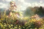  1girl blue_eyes blush bouquet building clouds commentary_request day dress flower gloves grass hair_flower hair_ornament highres house long_hair missile228 nature original outdoors scenery silver_hair sky smile solo standing tree 