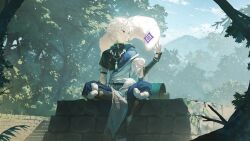  1boy animal bead_necklace beads black_shirt blue_pants blue_sky clouds commentary fagi_(kakikaki) full_body green_eyes highres jacket jewelry looking_at_another magatama making-of_available male_focus mountainous_horizon murakumo_kagetsu murakumo_kagetsu_(1st_costume) necklace nijisanji pants pom_pom_(clothes) shirt short_sleeves sitting sky smile solo tree undershirt virtual_youtuber watakumo_(murakumo_kagetsu) white_hair white_jacket 