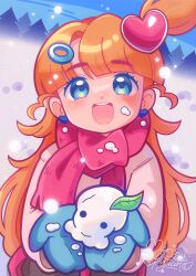  1girl :d absurdres alternate_costume artist_name artist_self-insert blue_eyes blue_mittens blue_sky blush coat commentary cupping_hands cut_bangs earrings english_commentary hair_ornament hairclip happy heart heart_earrings heart_hair_ornament highres holding holding_snowman indie_virtual_youtuber jewelry leaf long_hair long_sleeves looking_at_viewer marikyuunn marikyuunn_(vtuber) mini_snowman mittens one_side_up open_mouth orange_hair outdoors own_hands_together pine_tree pink_coat pink_scarf scarf signature sky smile snow snow_on_body snow_on_face snowman solo tareme teeth thick_eyebrows tree upper_body upper_teeth_only very_long_hair virtual_youtuber winter_clothes winter_coat 
