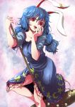  1girl animal_ears blue_dress blue_hair breasts collarbone colored_eyelashes dress dress_lift highres kine lips moyamu rabbit_ears red_eyes seiran_(touhou) small_breasts solo standing standing_on_one_leg touhou twintails 