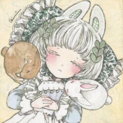  1girl acrylic_paint_(medium) animal_ears blunt_bangs blush capybara closed_eyes closed_mouth commentary_request dress hair_ornament karintoun leaf leaf_print long_sleeves original own_hands_together painting_(medium) pale_skin rabbit rabbit_ears short_hair simple_background solo straight-on traditional_media watercolor_(medium) white_hair yellow_background 