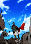  battlefield bird blood bloody_clothes blue_sky cape corpse facial_hair fate/grand_order fate_(series) flag goatee hector_(fate/grand_order) polearm sake_(kadai) sky spear weapon 