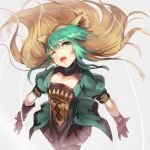  1girl ahoge animal_ears archer_of_red black_legwear cat_ears commentary_request fate/apocrypha fate_(series) gloves gradient_hair green_eyes highres long_hair multicolored_hair one_eye_closed open_mouth outstretched_hand solo sue_sgr_u thigh-highs wind 