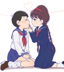  1boy 1girl alternate_hair_length alternate_hairstyle black_hair braid brown_eyes brown_hair closed_eyes crossdressinging hairband heart heart_of_string kl kneeling lipstick loose_socks makeup matsuno_osomatsu osomatsu-kun osomatsu-san pleated_skirt school_uniform seiza serafuku sitting skirt socks twin_braids yowai_totoko 