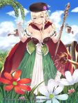  1girl blonde_hair blue_eyes breasts cait cape cleavage company_name curly_hair flower garden gloves grass gyakushuu_no_fantasica hair_flower hair_ornament hat large_breasts leaf long_hair looking_at_viewer official_art open_mouth sky smile solo watering_can 
