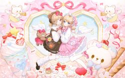  2girls :o absurdres angel_wings animal_ears artist_request bag bear bear_ears bib_collar black_shoes blonde_hair blue_bow blue_eyes blue_ribbon bow bowtie brown_dress brown_hair cat_ears cherry chinese_commentary commentary_request commission crescent dress dress_bow dress_pocket drink dual_persona emma_woods emma_woods_(hello_kitty_dream) fake_animal_ears floating food freckles frilled_dress frilled_hairband frilled_sleeves frills fruit hair_bow hair_ornament hairband hairclip head_bow heart hello_kitty hello_kitty_(character) high_heels highres holding_hands icing identity_v layered_sleeves leg_up leg_warmers line_friends lolita_fashion lolita_hairband long_sleeves medium_hair multiple_girls neck_ribbon official_alternate_costume one_eye_closed pantyhose parted_bangs party_popper pink_bow pink_dress pink_shoes pom_pom_(clothes) puffy_sleeves red_bow red_ribbon ribbon sanrio second-party_source shoes short_over_long_sleeves short_sleeves short_twintails sidelocks sparkle sprinkles star_(symbol) stuffed_animal stuffed_toy sweet_lolita teddy_bear thigh-highs twintails watermark watermark_grid whipped_cream white_leg_warmers white_pantyhose white_thighhighs wings 