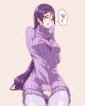  1girl bangs blush breasts dress fate/grand_order fate_(series) hand_on_lap heart hourai_kochou large_breasts long_hair long_sleeves looking_at_viewer minamoto_no_raikou_(fate/grand_order) open_mouth parted_bangs purple_hair ribbed_sweater simple_background solo sweater sweater_dress turtleneck turtleneck_sweater very_long_hair violet_eyes 