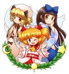  3girls ;d ascot bangs black_bow blonde_hair blue_bow blue_dress blue_eyes blunt_bangs blush_stickers book bow brown_hair clenched_hands closed_mouth collared_dress commentary_request cowboy_shot crescent dress drill_hair fairy_wings fang flat_chest hair_bow hand_on_own_cheek hat headdress holding holding_book laurels long_hair long_sleeves looking_at_viewer luna_child multiple_girls nitamago one_eye_closed open_mouth orange_hair red_eyes sash short_hair simple_background smile star star_sapphire sun_(symbol) sunny_milk touhou two_side_up white_background white_dress white_hat wide_sleeves wings yellow_ascot yellow_eyes 