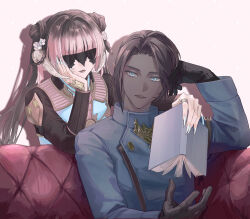  1boy 1other au_ra blue_eyes blunt_bangs book braid braided_hair_rings coat commission commissioner_upload couch double_bun elezen elf final_fantasy final_fantasy_xiv gloves hair_bun hair_ornament hair_rings highres holding holding_book long_hair mask multicolored_hair original pointy_ears scales skeb_commission smzm02 twintails two-tone_hair 