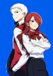  1boy 1girl back-to-back bandaid bandaid_on_face bandaid_on_forehead black_ribbon black_skirt blue_background bow bowtie closed_mouth collared_shirt commentary_request cowboy_shot crossed_arms gekkoukan_high_school_uniform grey_hair hair_over_one_eye hand_in_pocket height_difference highres kirijou_mitsuru korean_commentary long_hair long_sleeves looking_at_viewer neck_ribbon persona persona_3 red_bow red_bowtie red_eyes red_hair red_sweater_vest ribbon rostinbitgru sanada_akihiko school_uniform shirt short_hair skirt smile sweater_vest white_shirt 