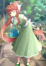  1girl alternate_costume aqua_bag arm_behind_back bag bendy bendy_and_the_ink_machine blurry blurry_background blush brown_hair character_sticker choker closed_mouth collarbone commentary commission doki_doki_literature_club dress earrings english_commentary eyelashes finger_to_cheek gloves green_choker green_dress green_eyes green_shoes hair_intakes hair_ribbon handbag highres jewelry long_hair marsieart monika_(doki_doki_literature_club) musical_note musical_note_print necklace one_eye_closed outdoors ponytail print_dress railing ribbon sash shadow shoes short_sleeves sidelocks signature smile solo sonic_(series) sonic_popsicle sonic_the_hedgehog standing sticker tree very_long_hair white_gloves white_ribbon white_sash 
