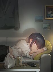  1girl alcohol bag beer commentary_request controller couch dress_shirt hair_over_eyes highres jacket key lying midriff_peek minawa on_couch on_side plastic_bag reclining remote_control shadow shima_rin shirt short_hair suit_jacket unworn_jacket yurucamp yurucamp_movie 
