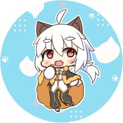  1boy ahoge animal_ear_fluff black_pants black_shirt black_shoes blush brown_cape canvas_texture cape chibi chibi_only commentary_request fang full_body fur_cape gold_trim hair_between_eyes highres long_hair long_sleeves looking_at_viewer low_ponytail male_focus official_alternate_costume open_mouth pants ponytail ragnarok_online red_eyes shirt shizukushigure shoes skin_fang smile solo standing two-tone_shirt warlock_(ragnarok_online) white_background white_shirt 