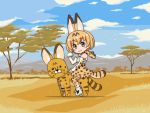  1girl :3 :d ;3 animal animal_ears animated animated_gif blonde_hair blue_sky blush bow bowtie breasts brown_hair cat_ears cat_tail chibi closed_mouth clouds commentary day elbow_gloves from_side full_body gloves heart high-waist_skirt kemono_friends looking_at_viewer looking_to_the_side mameshiba medium_breasts multicolored_hair open_mouth outdoors plant riding savannah scarf serval serval_(kemono_friends) serval_ears serval_print serval_tail shirt short_hair sideways_mouth skirt sky sleeveless sleeveless_shirt smile straddling streaked_hair tail thigh-highs tree ugoira walking whiskers white_shirt yellow_eyes zettai_ryouiki 