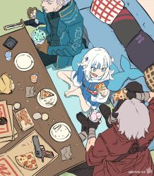  barefoot black_gloves black_pants blue_hoodie blue_jacket blue_streaks brothers dante_(devil_may_cry) devil_may_cry_(series) eating fingerless_gloves food gawr_gura gawr_gura_(1st_costume) gloves gun harutimu highres holding holding_spoon hololive hololive_english hood hoodie ice_cream jacket looking_at_another medium_hair multicolored_hair open_mouth pants pizza red_jacket siblings smile spoon streaked_hair two_side_up vergil_(devil_may_cry) virtual_youtuber weapon white_hair 